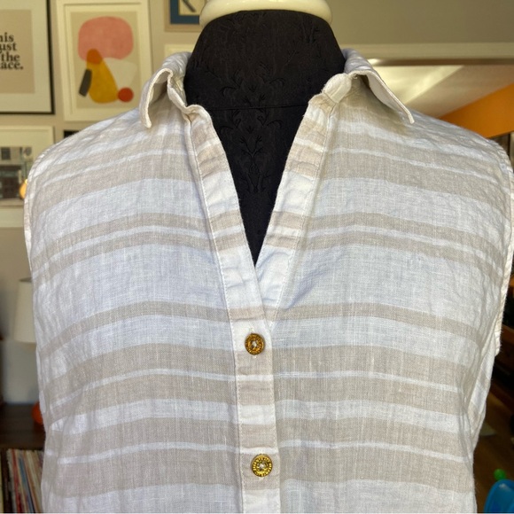 Ellen Tracy 100% Linen Sleeveless Beige and White Stripe Button Down Women’s M - Picture 5 of 5